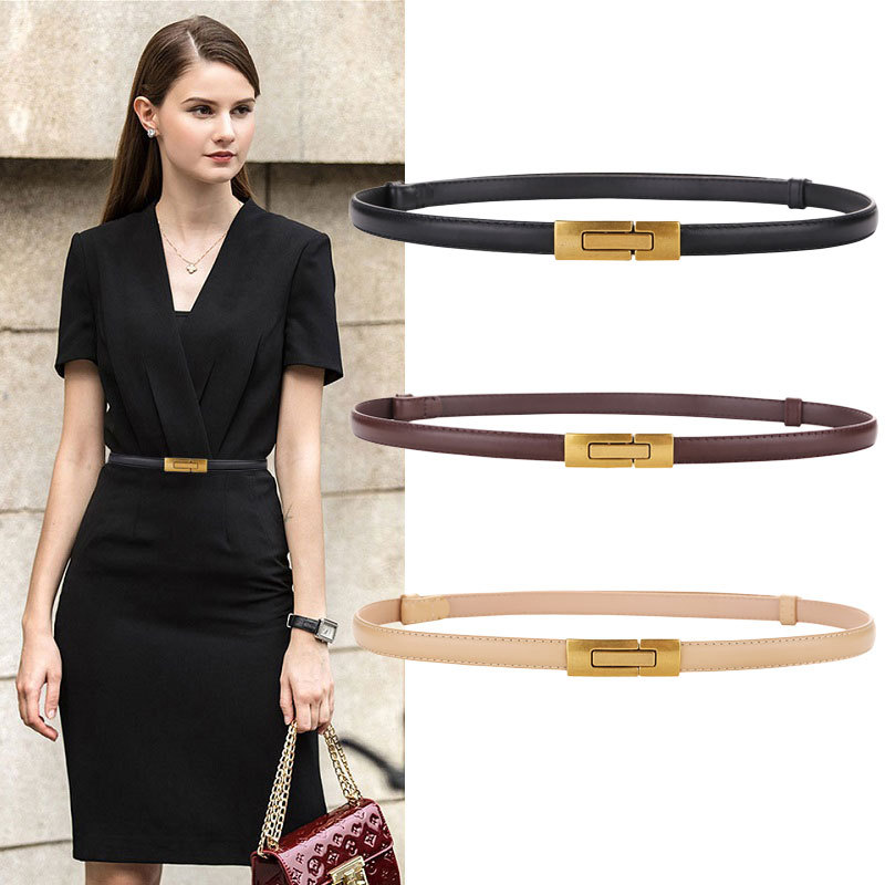 Off White Belt - Sabuk kulit asli tipis untuk wanita,